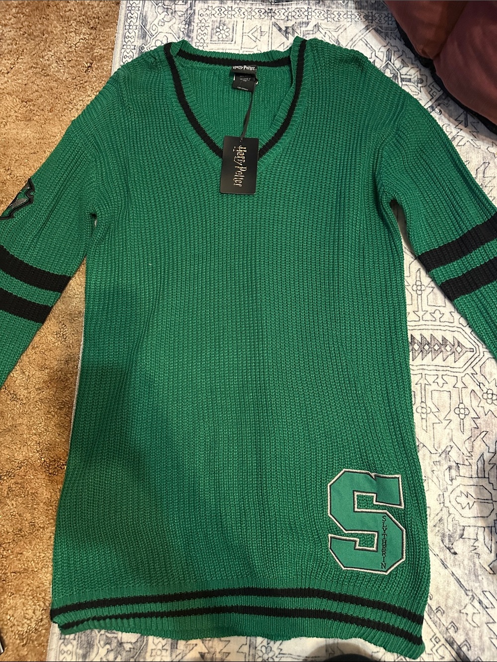 Warner Bros. Green V-Neck Sweater Dress with Black Trim